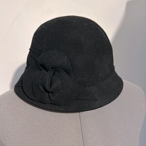 Nine West Black Wool Bucket Hat with Fabric Flower